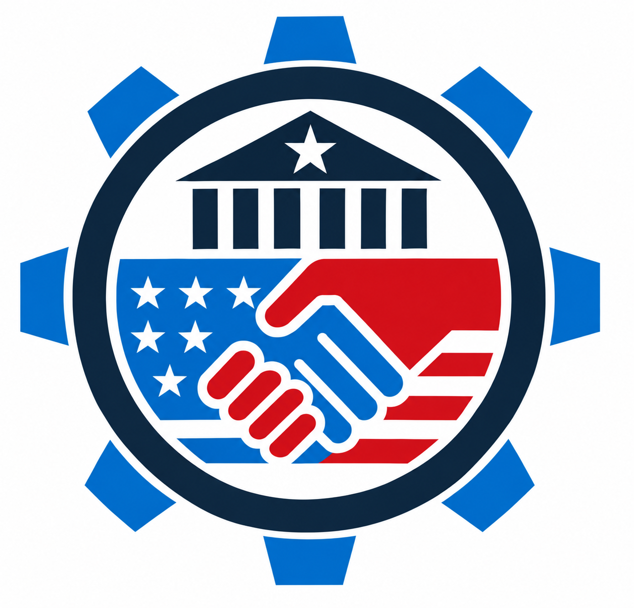 Synergy Link Network emblem featuring a government building and a handshake within a blue gear
